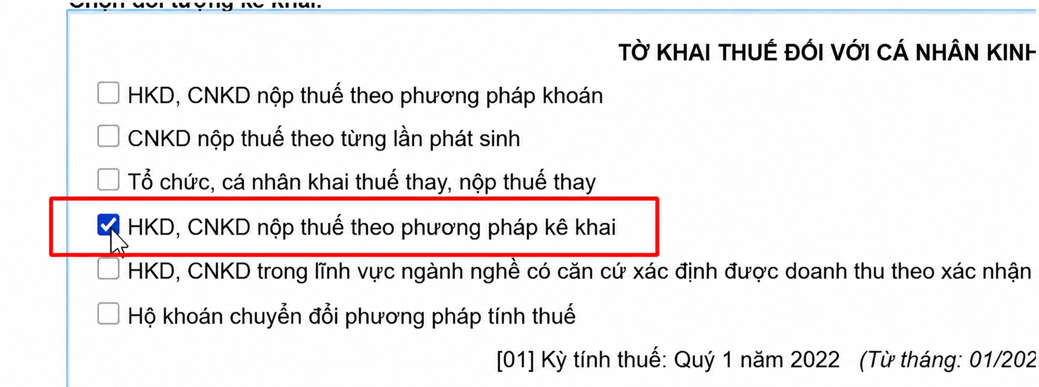 Lựa chọn tờ khai và kỳ kê khai thuế