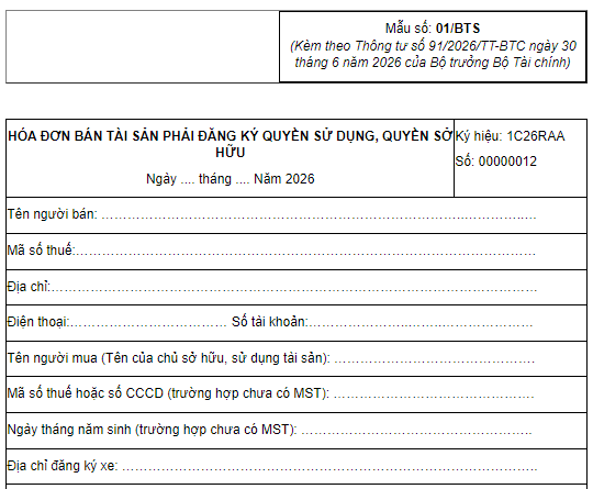 Mẫu 01 BTS Thông tư 91 hóa đơn bán tài sản