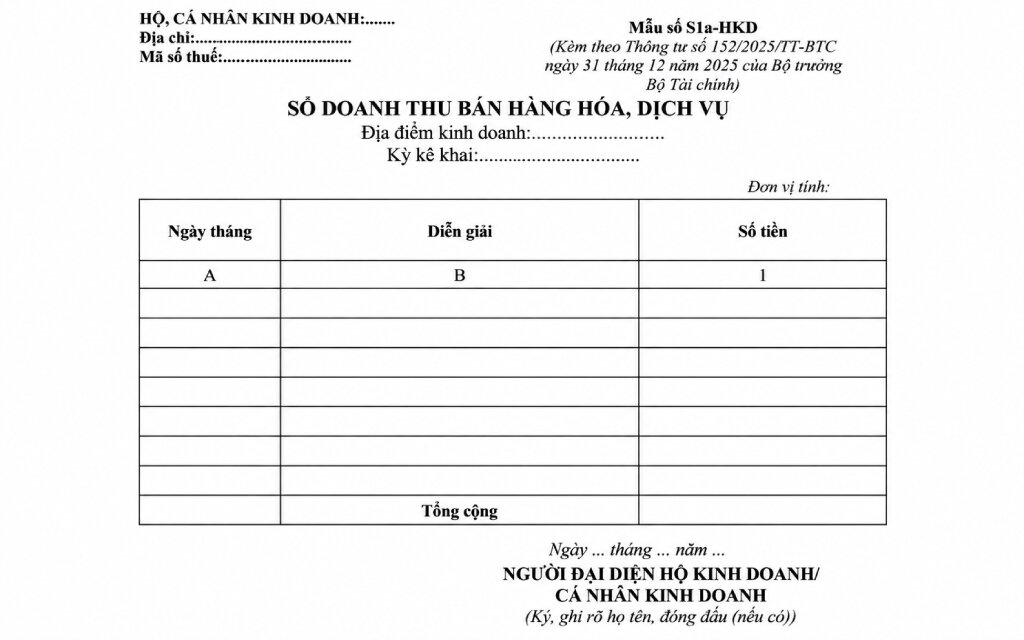 Sổ doanh thu bán hàng hóa dịch vụ (Mẫu số S1a-HKD)