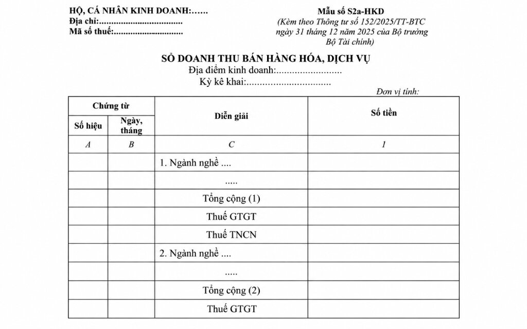 Sổ doanh thu bán hàng hóa dịch vụ (Mẫu số S2a-HKD)