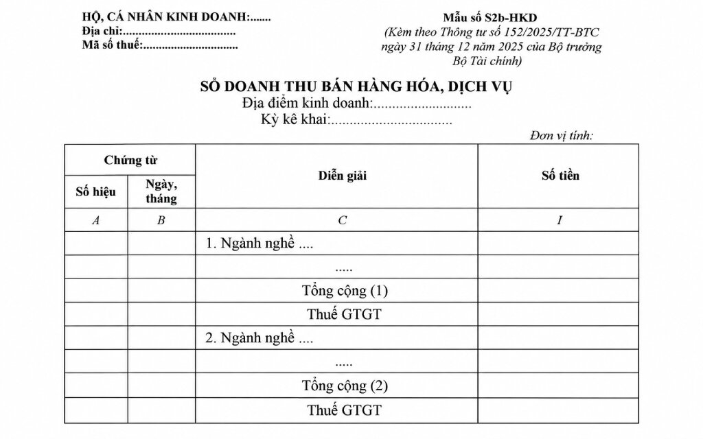 Sổ doanh thu bán hàng hóa, dịch vụ (Mẫu số S2b-HKD)