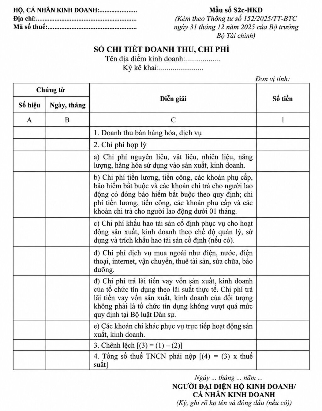 Sổ chi tiết doanh thu, chi phí (Mẫu số S2c-HKD)