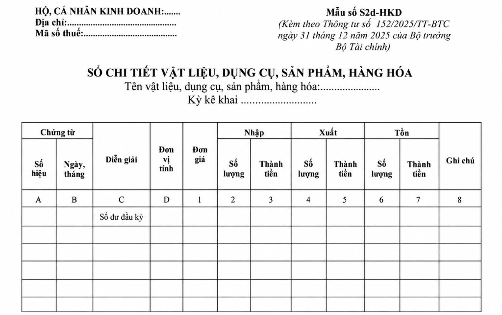 Sổ chi tiết vật liệu, dụng cụ, sản phẩm, hàng hóa (Mẫu số S2d-HKD)