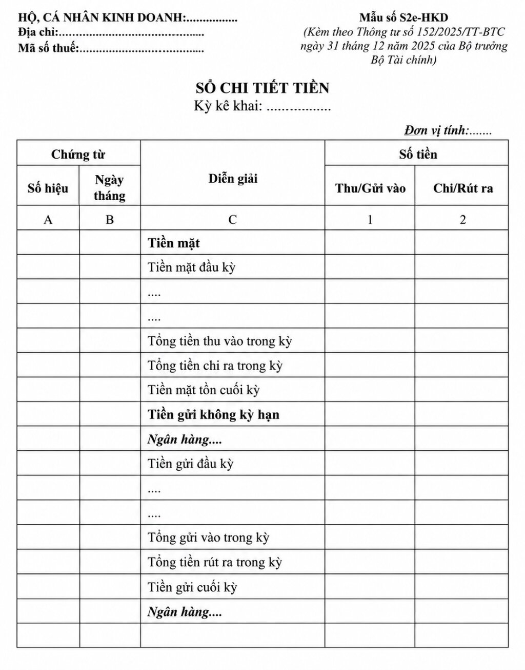 Sổ chi tiết tiền (Mẫu số S2e-HKD)