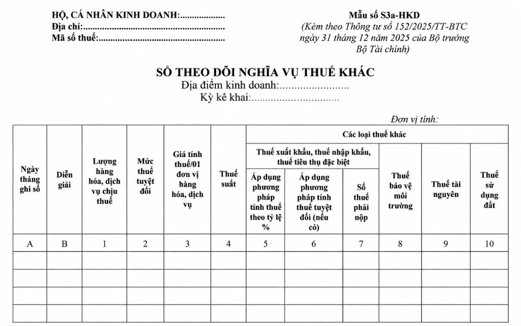 Sổ theo dõi nghĩa vụ thuế khác (Mẫu số S3a-HKD)